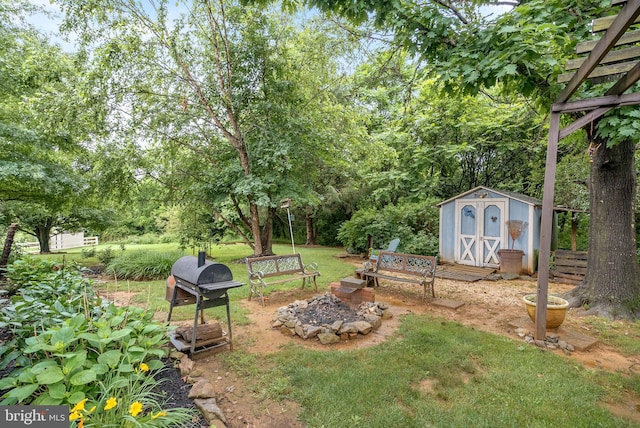 17391 Arrowood Pl, Round Hill, VA 20141 - view of yard featuring a shed, a fire pit, and view of wooded area