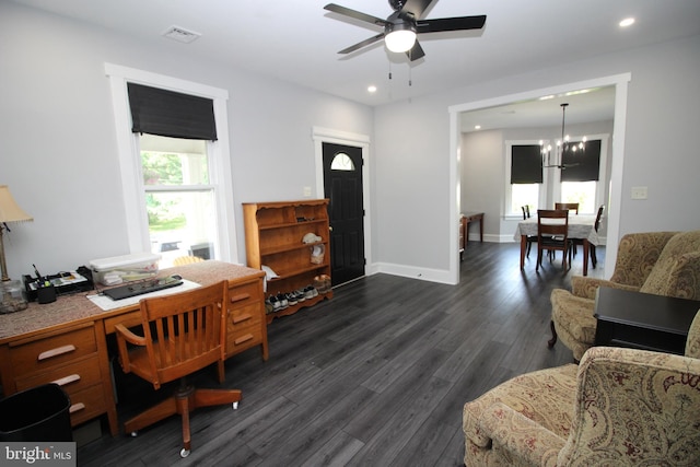 126 E Third St, Lansdale, PA 19446 - home office with dark wood-type flooring, ceiling fan, recessed lighting, and a chandelier