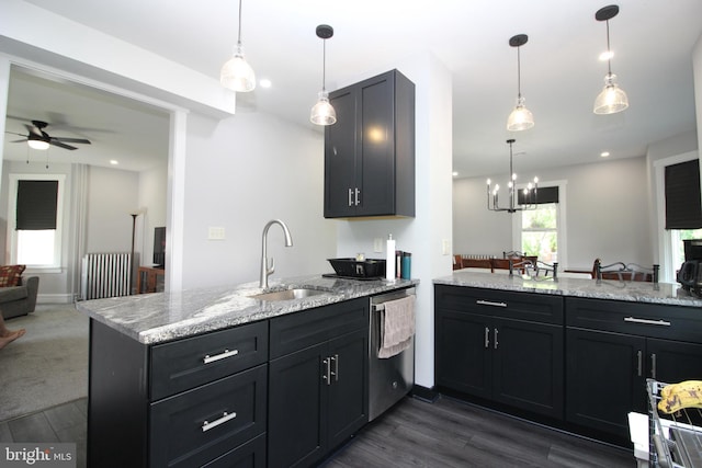 126 E Third St, Lansdale, PA 19446 - kitchen with dishwasher, a peninsula, open floor plan, and dark wood-type flooring