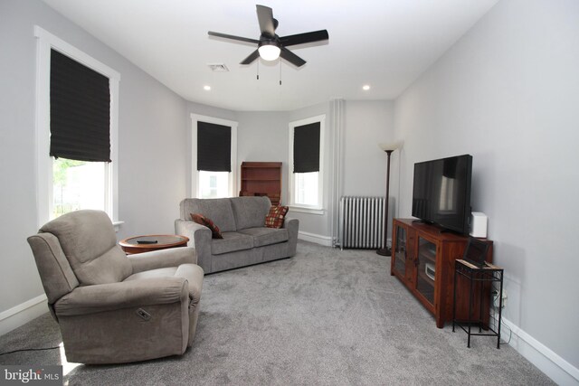 126 E Third St, Lansdale, PA 19446 - carpeted living area featuring radiator, ceiling fan, and recessed lighting