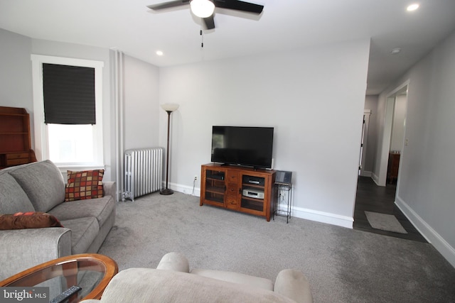 126 E Third St, Lansdale, PA 19446 - carpeted living room with radiator, ceiling fan, and recessed lighting