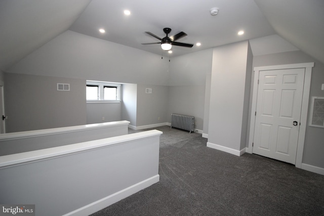 126 E Third St, Lansdale, PA 19446 - bonus room with radiator heating unit, vaulted ceiling, a ceiling fan, dark colored carpet, and recessed lighting