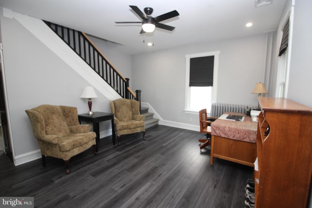 126 E Third St, Lansdale, PA 19446 - sitting room featuring wood finished floors, a ceiling fan, stairs, radiator heating unit, and recessed lighting