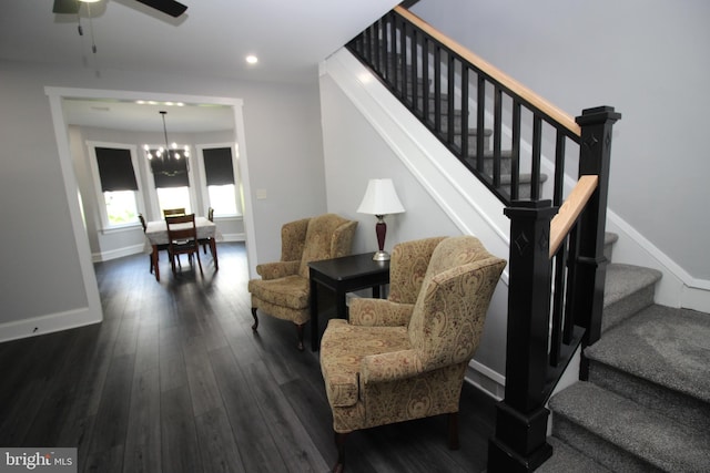 126 E Third St, Lansdale, PA 19446 - living area featuring stairs, a chandelier, dark wood finished floors, a ceiling fan, and recessed lighting