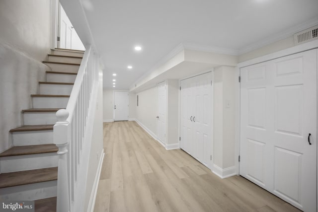 7726 Temple Rd, Philadelphia, PA 19150 - staircase with wood finished floors, recessed lighting, and ornamental molding