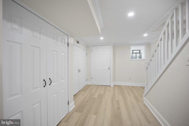 7726 Temple Rd, Philadelphia, PA 19150 - hallway featuring light wood finished floors, stairway, and recessed lighting