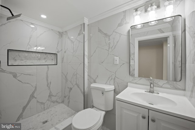 7726 Temple Rd, Philadelphia, PA 19150 - bathroom with tile walls, vanity, crown molding, and a marble finish shower