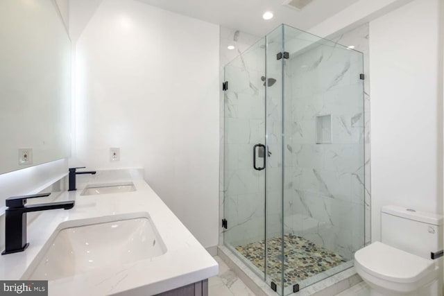 424 Taylor St NW Unit B, Washington, DC 20011 - full bath with marble finish flooring, a marble finish shower, double vanity, and recessed lighting
