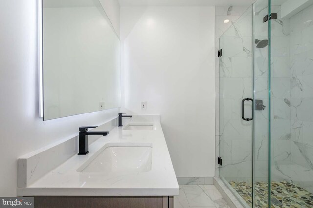 424 Taylor St NW Unit B, Washington, DC 20011 - full bath featuring marble finish flooring, double vanity, and a marble finish shower