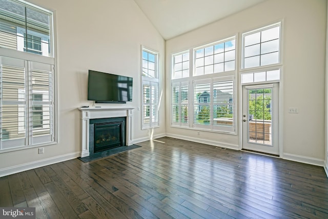 11454 Maull Rd, Lewes, DE 19958 - unfurnished living room with healthy amount of natural light, dark wood finished floors, a glass covered fireplace, and high vaulted ceiling