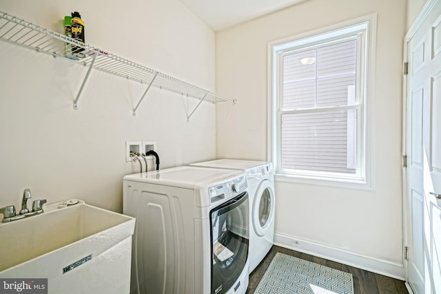 11454 Maull Rd, Lewes, DE 19958 - laundry room with washing machine and clothes dryer and dark wood-style floors