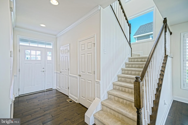 11454 Maull Rd, Lewes, DE 19958 - entrance foyer with stairway, ornamental molding, dark wood finished floors, and recessed lighting