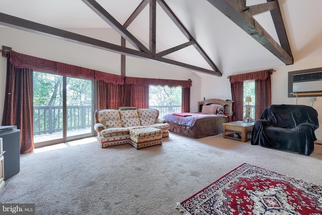 312 Skyline Dr, Reading, PA 19606 - living area with carpet floors, plenty of natural light, high vaulted ceiling, beam ceiling, and a wall unit AC
