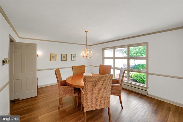 1304 Summit Dr, Bellefonte, PA 16823 - dining room featuring crown molding, a baseboard heating unit, wood finished floors, and a chandelier