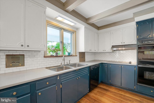 1304 Summit Dr, Bellefonte, PA 16823 - kitchen featuring black appliances, blue cabinetry, light wood-type flooring, beamed ceiling, and under cabinet range hood