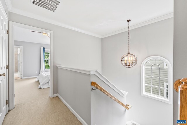 917 Bing Ln, Charlottesville, VA 22903 - hallway with light carpet, an upstairs landing, a chandelier, and crown molding