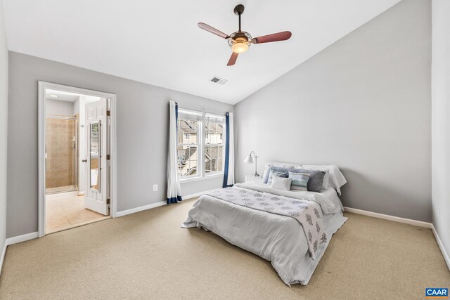 917 Bing Ln, Charlottesville, VA 22903 - carpeted bedroom featuring lofted ceiling, ceiling fan, and ensuite bathroom