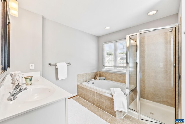 917 Bing Ln, Charlottesville, VA 22903 - full bathroom with a stall shower, a bath, vanity, tile patterned floors, and recessed lighting