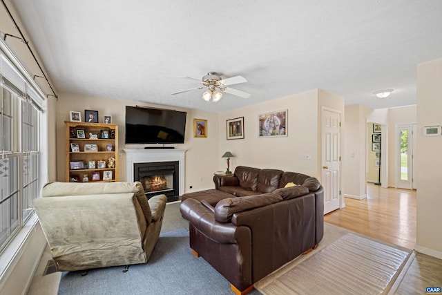 82 Peterson Pl, Fishersville, VA 22939 - living area featuring a glass covered fireplace, ceiling fan, and light wood finished floors