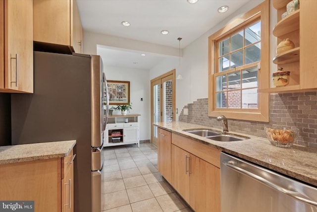 1417 Dorset Ln, Wynnewood, PA 19096 - kitchen featuring stainless steel appliances, light stone counters, tasteful backsplash, and recessed lighting