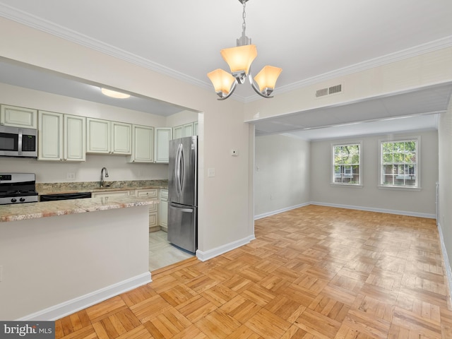 1515 Belle View Blvd Unit A1, Alexandria, VA 22307 - kitchen featuring stainless steel appliances, open floor plan, a chandelier, ornamental molding, and hanging light fixtures