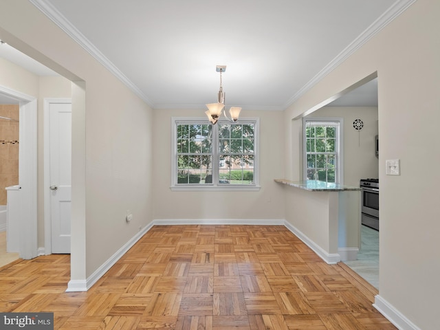 1515 Belle View Blvd Unit A1, Alexandria, VA 22307 - unfurnished dining area featuring a chandelier and crown molding