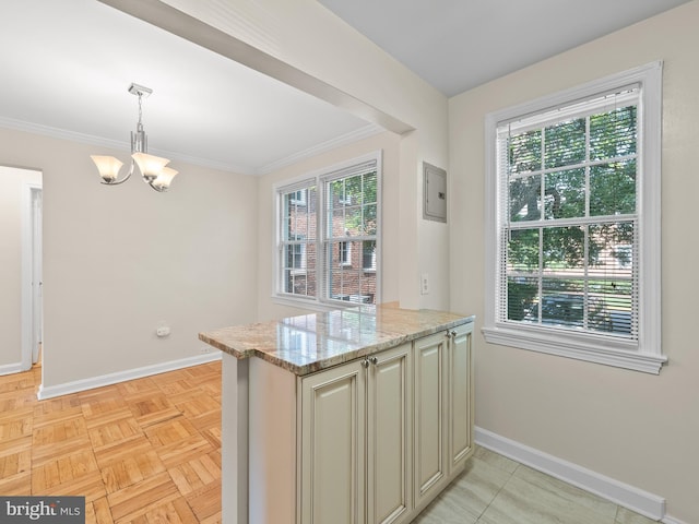 1515 Belle View Blvd Unit A1, Alexandria, VA 22307 - kitchen featuring a chandelier, ornamental molding, light stone countertops, pendant lighting, and a peninsula