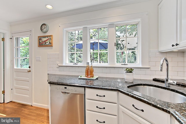 3132 Holmes Run Rd, Falls Church, VA 22042 - kitchen featuring dishwasher, ornamental molding, backsplash, white cabinets, and dark stone countertops