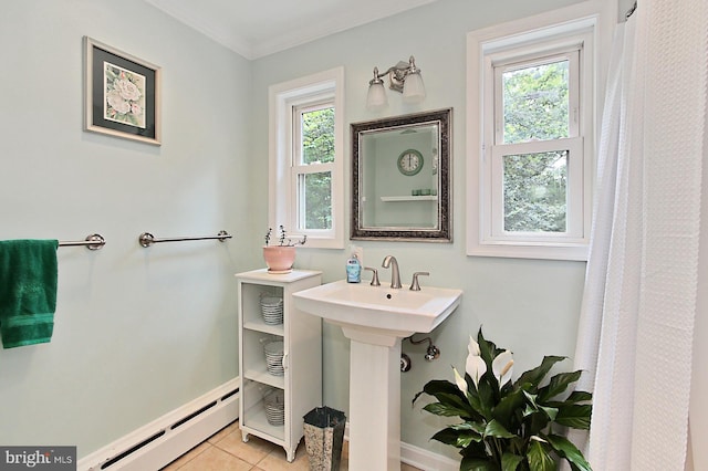 3132 Holmes Run Rd, Falls Church, VA 22042 - full bath with a baseboard radiator, tile patterned flooring, and ornamental molding