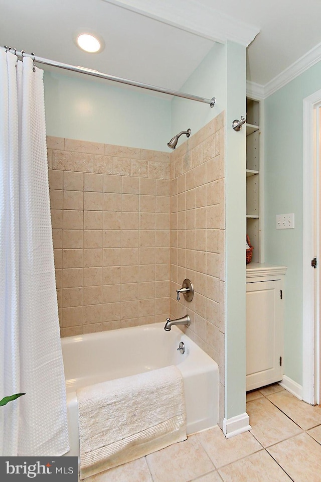 3132 Holmes Run Rd, Falls Church, VA 22042 - bathroom with tile patterned floors, shower / bath combo, and ornamental molding
