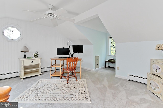 3132 Holmes Run Rd, Falls Church, VA 22042 - carpeted office space featuring a baseboard heating unit, vaulted ceiling, and ceiling fan