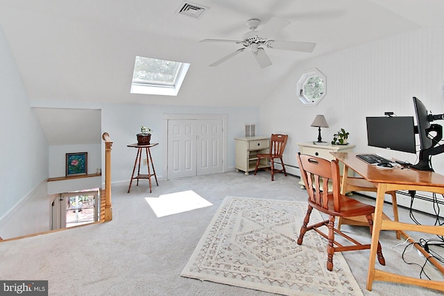 3132 Holmes Run Rd, Falls Church, VA 22042 - carpeted office with a skylight, lofted ceiling, a ceiling fan, a baseboard radiator, and plenty of natural light