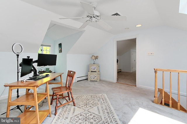 3132 Holmes Run Rd, Falls Church, VA 22042 - office area with lofted ceiling, baseboard heating, light carpet, and ceiling fan