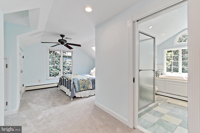 3132 Holmes Run Rd, Falls Church, VA 22042 - bedroom with vaulted ceiling, baseboard heating, multiple windows, light colored carpet, and recessed lighting
