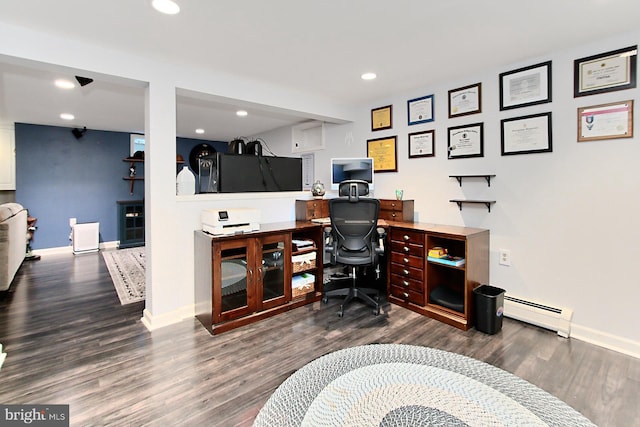 3132 Holmes Run Rd, Falls Church, VA 22042 - home office featuring dark wood-style floors, recessed lighting, and a baseboard radiator