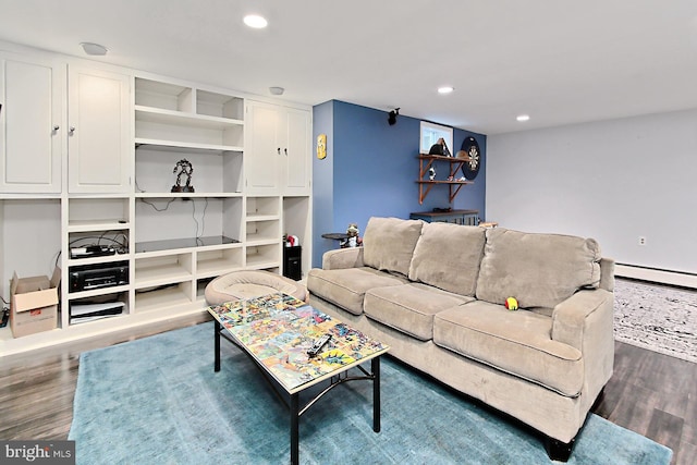 3132 Holmes Run Rd, Falls Church, VA 22042 - living room with a baseboard radiator, dark wood finished floors, and recessed lighting