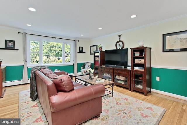 3132 Holmes Run Rd, Falls Church, VA 22042 - living area with a baseboard heating unit, light wood-style floors, ornamental molding, recessed lighting, and baseboard heating