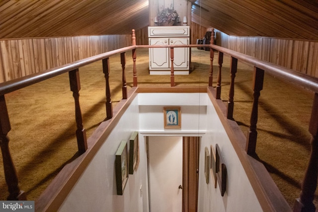 526 S Carlin Springs Rd, Arlington, VA 22204 - stairs featuring carpet floors, vaulted ceiling, and wood walls
