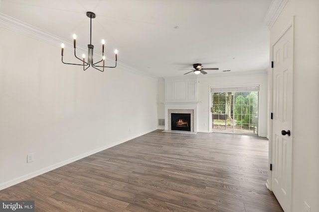 5800 Katelyn Mary Pl Unit 5800, Alexandria, VA 22310 - unfurnished living room featuring ceiling fan, dark wood-type flooring, a large fireplace, crown molding, and a chandelier