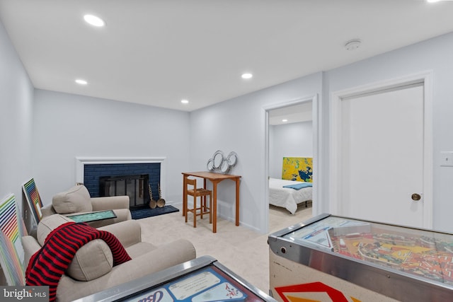 3472 Lyon Park Ct, Woodbridge, VA 22192 - living area with carpet floors, a brick fireplace, and recessed lighting