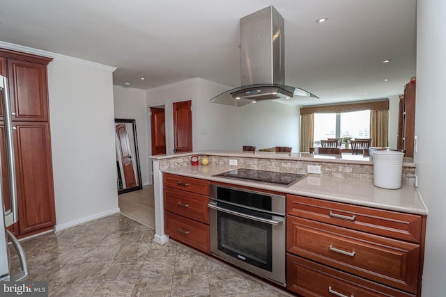 1435 4th St SW Unit B815, Washington, DC 20024 - kitchen featuring stainless steel oven, island range hood, black electric stovetop, crown molding, and recessed lighting