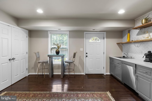 1778 W St SE, Washington, DC 20020 - kitchen featuring dishwasher, gray cabinets, open shelves, backsplash, and dark wood-style flooring