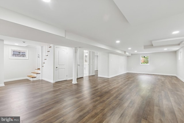 6087 8th Pl N, Arlington, VA 22205 - below grade area with dark wood-type flooring, stairs, and recessed lighting