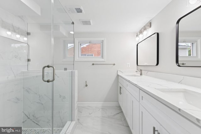6087 8th Pl N, Arlington, VA 22205 - full bathroom with marble finish floors, a marble finish shower, and double vanity