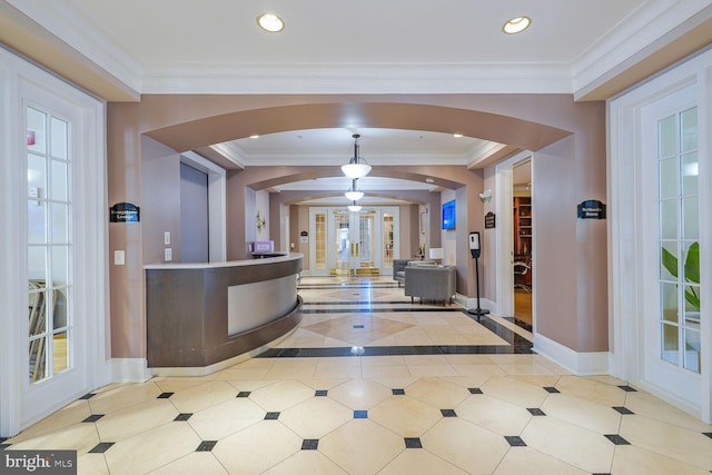 11750 Old Georgetown Unit 2524, Rockville, MD 20852 - reception area featuring arched walkways, a ceiling fan, recessed lighting, french doors, and crown molding