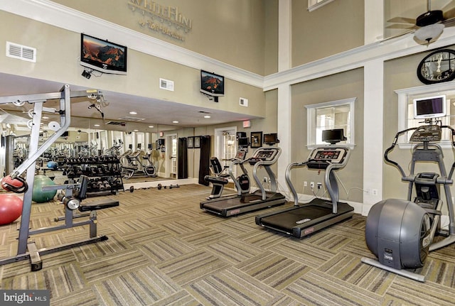 11750 Old Georgetown Unit 2524, Rockville, MD 20852 - exercise room featuring carpet floors, a high ceiling, and ceiling fan