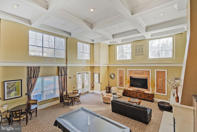 11750 Old Georgetown Unit 2524, Rockville, MD 20852 - carpeted living room with a high ceiling, beam ceiling, coffered ceiling, crown molding, and recessed lighting