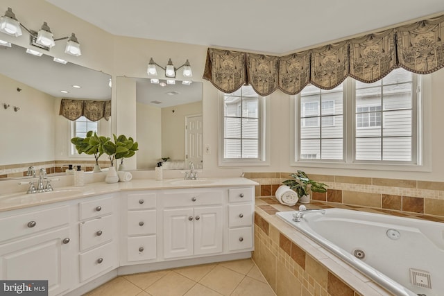 440 Clayton Ln, Alexandria, VA 22304 - full bathroom with double vanity, tile patterned floors, a tub with jets, and plenty of natural light