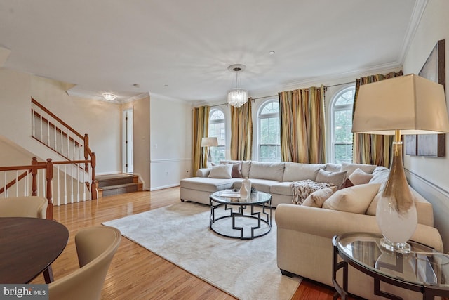 440 Clayton Ln, Alexandria, VA 22304 - living room with crown molding, stairway, and wood finished floors