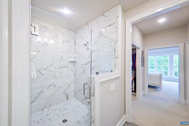 312 Avondale Ln, Crozet, VA 22932 - full bathroom with a marble finish shower, a spacious closet, and recessed lighting